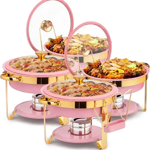 ROVSUN 6QT Chafing Dishes for Buffet 4 Pack, [Game Changer Maifanite-Coated] Chafing Dish Buffet Set, [Unique Gray/Pink/White & Gold Color] Chafers and Buffet Warmers Sets with Lid Holder for Party Wedding