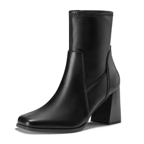 FITORY Women's Chunky Heel Square Toe Ankle Boots, PU Fabric Side Zipper Short Booties, Fashion Shoes for Fall, Winter, Chunky Heels
