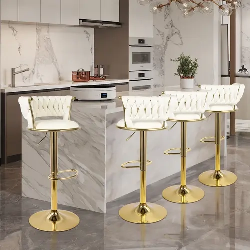 Set of 4 Modern 360° Swivel Velvet Bar Stools - Without Arms, Velvet Seat, Swivel Base, Adjustable Height, Golden Metal Frame, Backrest, for Kitchen Island, Contemporary Home Decor, Dorm Essentials