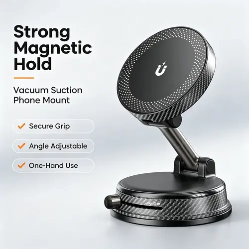 Car Cellphone Mount - 360-Degree Magnetic Suction Dashboard Holder, Strong Suction Base, Compact Adjustable Arm, Universal Compatible Driving Mount for Cars, SUVs