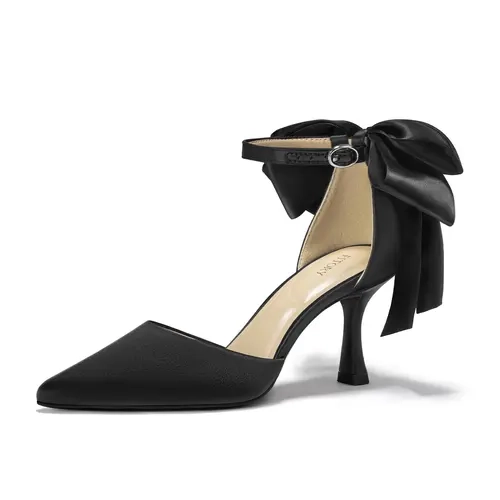 FITORY Women's Kitten Heels Pointed Toe Pumps Ankle Strap Detachable Bow Dress Shoes for Wedding Party