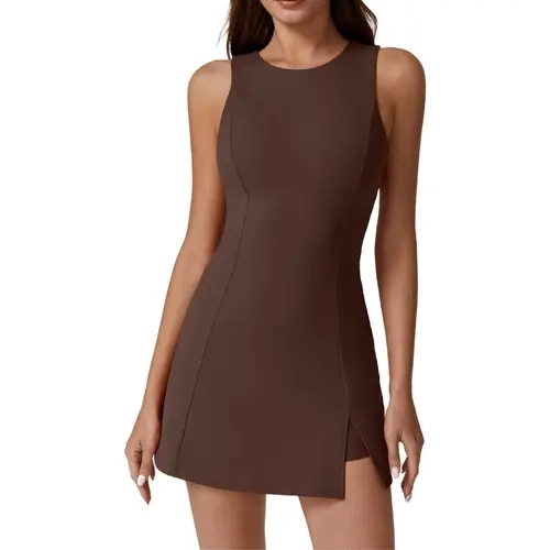 QINSEN Womens Crew Neck Tennis Dress Sleeveless Side Slit Golf Athletic Dress Build in Shorts with Pockets