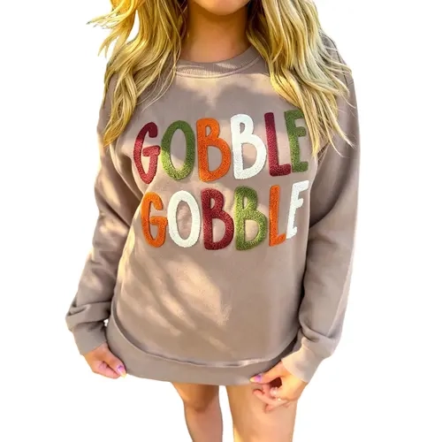 Mntaor Women's Dark Khaki Thanksgiving GOBBLE Chenille Letter Graphic Pullover Sweatshirt, Colorful Tops for Turkey Day Parade, Family Dinner