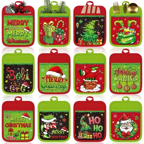 12 Pcs Christmas Kitchen Gifts Christmas Pot Holders with Pocket for Teachers Coworkers Family Mini Burr Basket Ideas Reusable Bulk Christmas Gifts Heat Resistant Oven Mittens Insulation Pads for Xmas Bakeware Baking Cooking Essentials Kitchen Decor