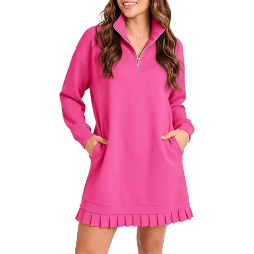 Fisoew Women's Elegant Long-Sleeve Polo athletic dress- Pleated Collar, Quarter-Zip V-Neck, Ruffled, Flowy, Loose-Fit, Smooth, Adjustable Belt, Pockets, Breathable, Light Sporty, Tennis-Suitable, Casual Wear