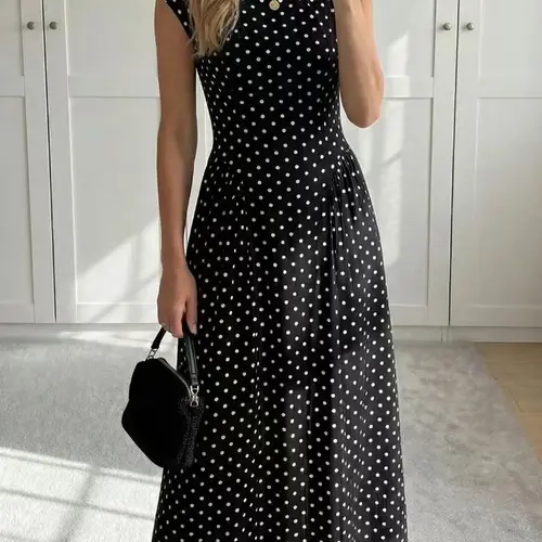Women's Round Neck Polka Dot Midi Dress, Long Sleeve High Waist Flowy A-Line Skirt, Fashion Elegant Midi Dress for Daily Wear, Parties, Outdoor Activities, Casual Wear