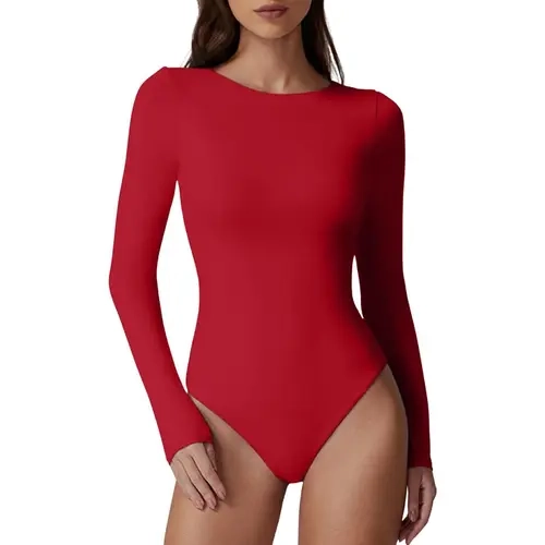 QINSEN Womens Crew Neck Long Sleeve Bodysuit Double Lined Body Suits Basic T-Shirt Tops