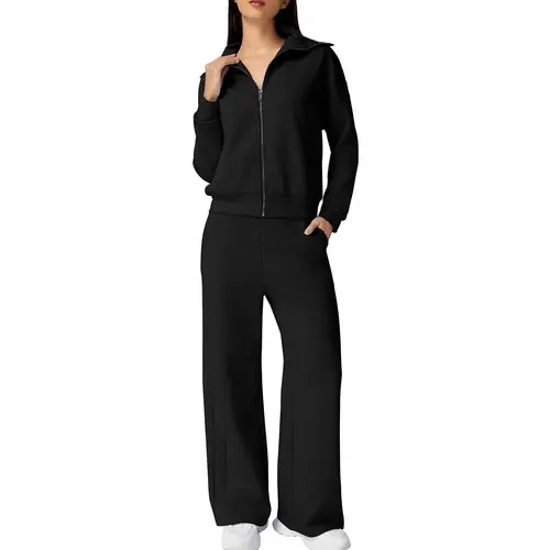 QINSEN Women's Cotton 2 Piece Outfits Lapel Long Sleeve Zip Up Sweatshirt Wide Leg Pants Matching Tracksuit Sets