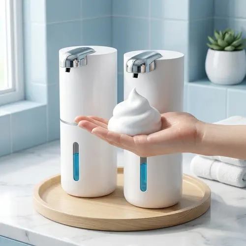 Modern Soap Dispenser- White & Silver Finish - Dual-Use for Hand & Body - Compact Design for Bathroom & Kitchen - Easy to Use & Clean