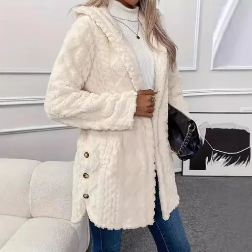 Women's Lightweight Furry Texture Sherpa Fleece Hooded Coat - Fashionable Jacket, Women's Clothes, Feminine Fleece Jacket, Attached Hood, Warm Mid-Length, Side Button Slits, Relaxed Cut, Solid Color, 2026 Fall Winter Outerwear Basics Loungewear