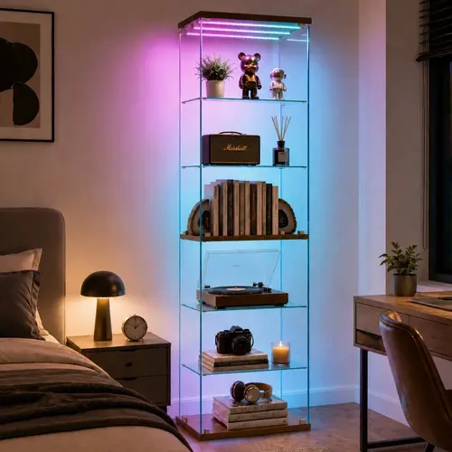 Full Glass Solid Wood Display Cabinet, 6-Tier with RGB Dream Color Lights, Tall Clear Glass Showcase Bookcase for Collectibles, Figures & Home Decor,Curio Cabinet