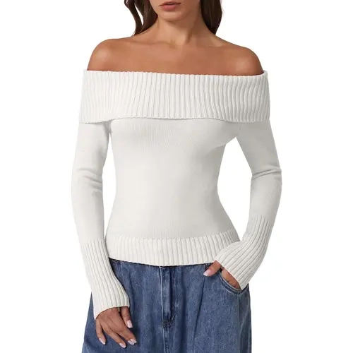 QINSEN Cotton Off The Shoulder Sweater for Women Long Sleeve Ribbed Knit Pullover Sweater Slim Fit Going Out Tops