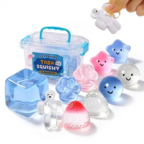 FUFUSQUISHY 10 Pack Transparent Taba Squishy Set, 1 Regular Size & 9 Mini Handmade Clear Silicone Squishies, Assorted Kawaii Designs with Storage Box