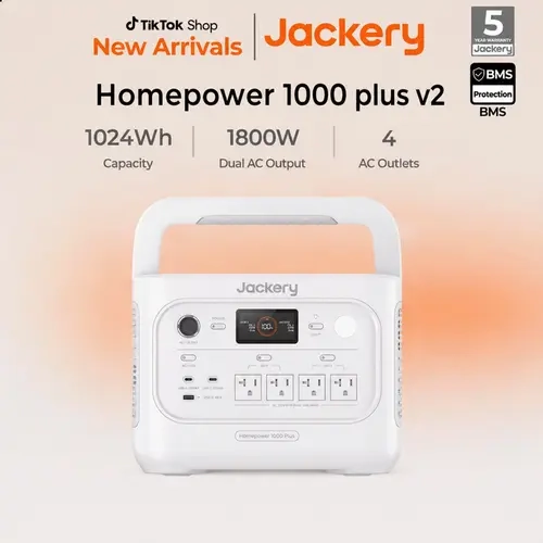 Jackery Homepower 1000  v2 Portable Power Bank, Battery Cell Upgrade | 1070Wh Lithium Iron Phosphate, 1500W Output, USB-C PD Upgrade, New AC Port, AC Split Control, 3kV Surge Protection, 1 Hour Fast Charging