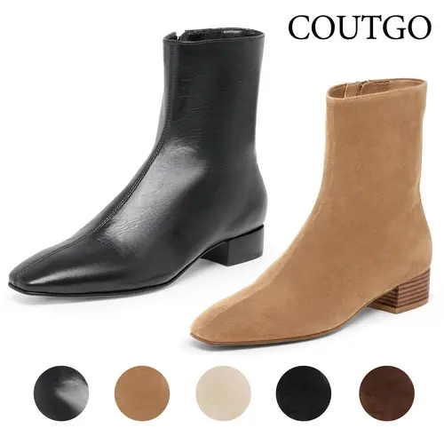 Coutgo Women's Minimalist Waterproof Ankle Booties - 1.5-in Chunky Low Block Heel, Square Toe, Side Zipper, Plain Rubber Sole, Shoes for Women, Fall Winter Casual Work Office Footwear
