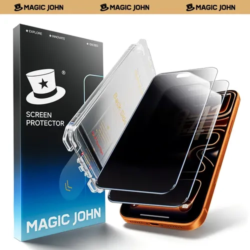 MAGIC JOHN MagicView Ultra-Slim Scratch Resistant Privacy/HD Glass Screen Protector for iPhone 18/17/16/15 Series, 2-Pack Phone Accessories, 0.33mm, No Black Border, Auto Dust Removal, Easy Installation, Case-Friendly, Anti-Peek Privacy Screen Protector,