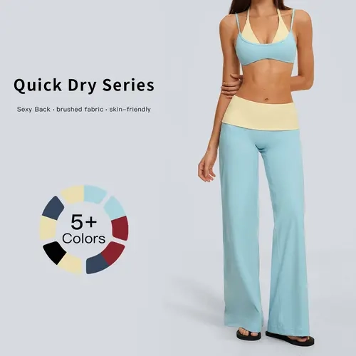 Tenwolf Women's Autumn 2-Piece Casual Sports Yoga Set - Halter Layered Bra, High-Waisted Wide-Leg Pants, Color Blocking, Ruched Waistband, Plush Brushed, Quick-Drying Activewear (Workout Matching Set for Women), Two Piece Set, 2 Piece Sets Women