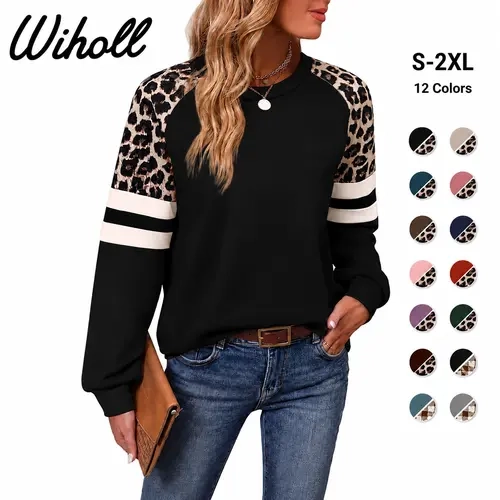 WIHOLL Lady's Crewneck Longsleeves Loose-Fit Color Block Sweatshirt - Trending Clothes, Cute Tops, Poly-Spandex Skin-Friendly Leopard Casual Top, All-Season Cozy Soft Cold-Wash-Friendly 2026