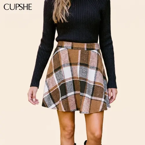 CUPSHE Women's Brushed Flannel Tartan Plaid High-Waist Mini Skirt - A-Line Flare, Preppy Vintage Style, Brown Check, Autumn Wear, Casual Comfy Polyester Woven Printed Bottoms, Regular Wash, 2026, Short Skirt