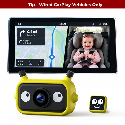 【 Only for Wired CarPlay Vehicles】LAMTTO 3-in-1 Baby Car Camera & Wireless CarPlay Adapter for iPhone & Android, Supports Screen Mirroring, Split Screen Display & Night Vision, 1080P Full HD Rear-Seat Monitoring Displayed on Your Car Screen