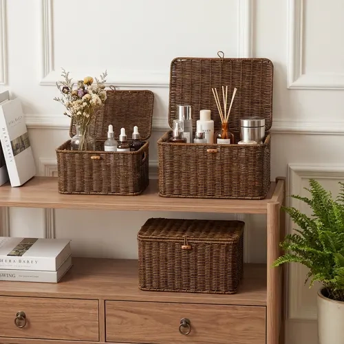 Nonam Wicker Storage Basket with Lid - Stackable Plastic Organiser Bins (Brown, S+M+L), Boho Home Decor, Durable Lidded Shelf Containers for Closet Organization