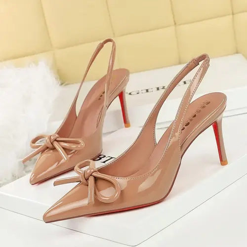 1362-H105 European Style Sexy Party Bow Tie Pointed Toe Low Heel High-End Glossy Leather Backless Strap Sandals Footwear