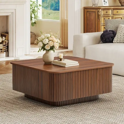 Giratree 31.5" Square Coffee Table with Storage, Fluted & Floating Base Flip-Top Hidden Storage, Smooth Rounded Corners, Water-Resistant Top, Sturdy Metal Hinges, Living Room Block Base
