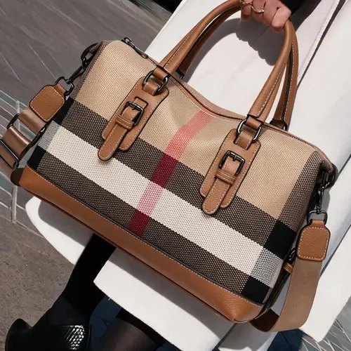 New Arrival Fashion Casual Large Capacity Women’s Top Handle Handbag, Premium Genuine Leather & Striped Canvas Tote, Multi-Purpose Shoulder Bag