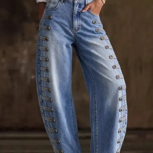 Women's Elegant Party Denim Jeans, Spring Autumn Versatile Fashion, Court Style Side Decoration Buckle, Casual Daily Wear Pants