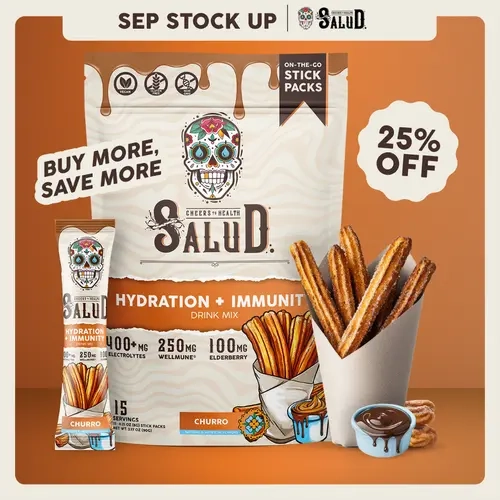 Salud 2-in-1 [Hydration + Immunity - Churro] Electrolytes Powder, Agua Fresca Drink Mix, Elderberry, Dairy & Soy Free, Non-GMO, Gluten Free, Vegan, Low Calorie, 1g Sugar (15 Servings)