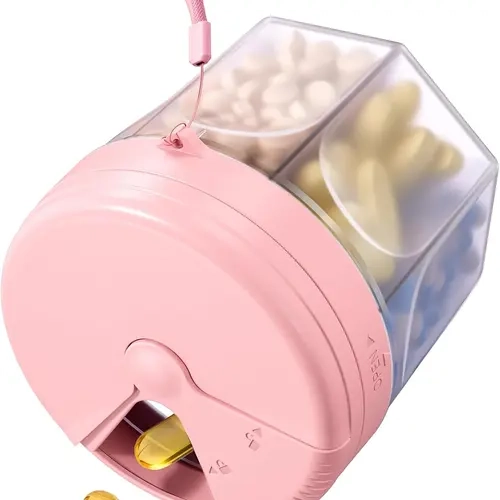 Cute Pill Dispenser with 7 Large Compartments, Portable Pill Bottle Organizer with Wide Opening for Travel, Anti-Mixing Pill Container, Shatterproof BPA-Free, Includes 20 Pcs Labels, Pink