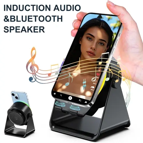 Dohelly 5-in-1 Wireless Bluetooth Induction Audio Speaker - 3D Sound, Music Light, 360° Rotatable LED Stand, Universal Holder, USB-C Charger, Portable Desktop Smartphone Accessory, Back to School Gift for Home, 3D Sound Speakers, Music Light Speakers