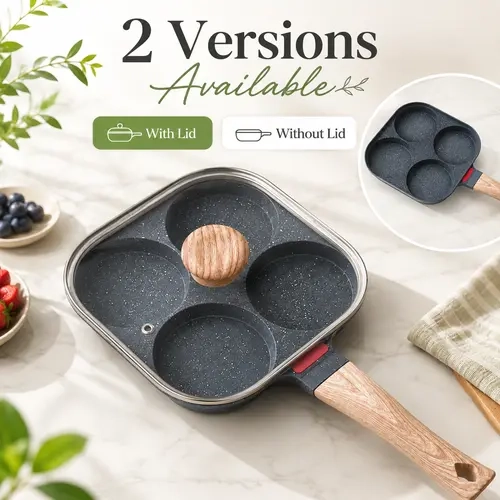 4-Hole Nonstick Granite Stone Egg Skillet Pan - Aluminum Non Stick Cookingware, Wood Handle, Optional Lid, Stovetop Fried Pans & Woks, Omelette Maker for Eggs, Pancakes