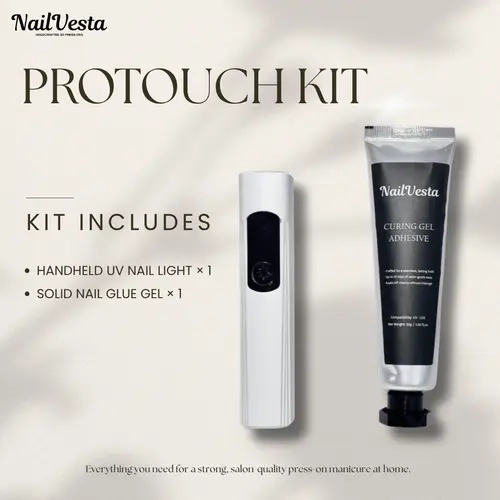 NailVesta ProTouch Kit – Solid Nail Glue Gel Kit & Press-On Nail Adhesive Handheld UV Light | 2-Piece Kit trendy gift serum debonder odorless  Movie hack  jade blossom press reusable set handmade salon Nail Polish Kit soft Natural False Nail French 