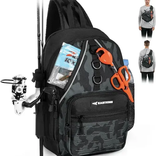 KastKing Karryall Fishing Sling Bag With Rod Holder, Fishing Gear Storage | Fishing Backpack Storage Fishing Gear, Black Camo
