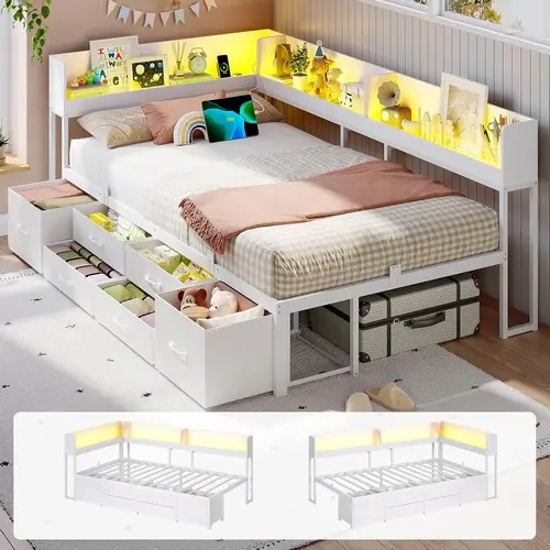 Sikaic Twin Corner Bed Frame with Storage, 6 Drawers & Bookcase, Metal Platform Bed with LED Lights and Charging Station, Twin Daybed for Teens, Space-Saving Design, White [TiktokShopFallDealsForYou]