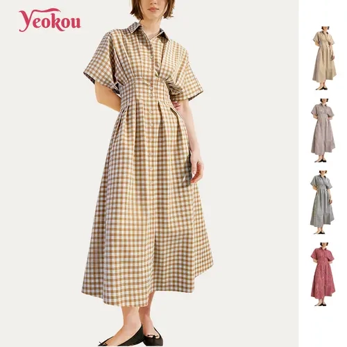 Yeokou Woman's 100% Cotton Gingham Plaid Shirt Dress Short Sleeve A‑Line Casual Summer Midi Dress With Pockets