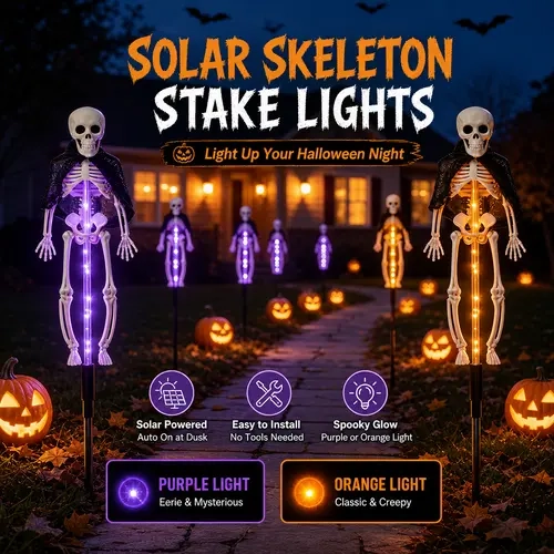 QAWTOR 2-Pack 11in Solar-Powered Durable Plastic Skull Stake Lights - LED, Purple/Orange LED-Like Glow, Skeleton Form, Creepy Vibe, Halloween Outdoor Decor, Home Party Decorations, Decorations Accessories