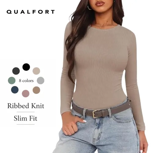 QUALFORT Women's Minimalist Ribbed Soft Knit Long Sleeve Fitted Crewneck Sweater - Slim Basic Top, Ideal for Daily Wear & Fall Casual/Workwear Layering, Sweater For Women