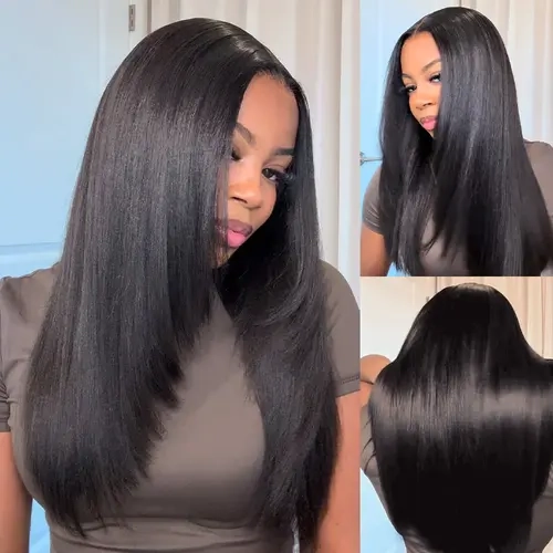 ISEE HAIR Wear Go 9x6 T-Part Middle-Length Layered Cut Yaki Straight Wig Glueless Human Hair – Drawstring Lace Frontal Wig Pre-Cut & Pre-Bleached & Pre-Plucked Hairline Beginner Friendly  Hairstyles #TikTokShopFallDealsForYou