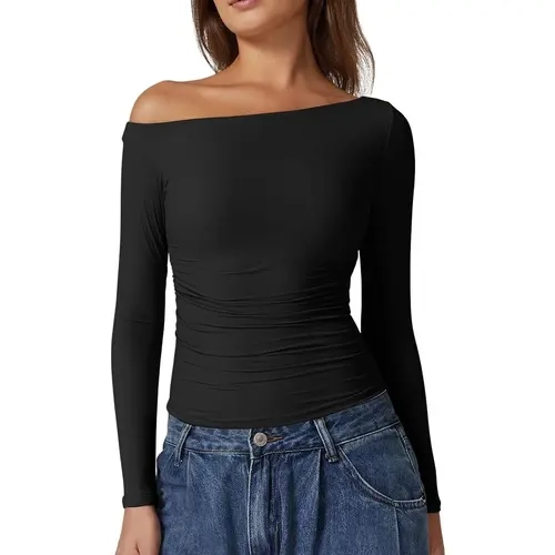 QINSEN Women's Sexy Off Shoulder Shirt Long Sleeve Double Lined Tops Side Ruched Fitted Tees