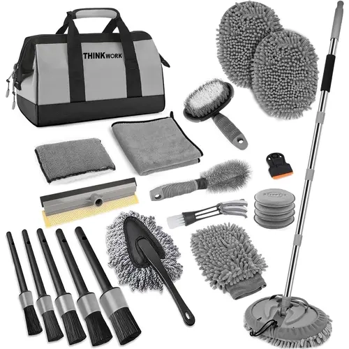 THINKWORK Car Wash Detailing Kit, Interior & Exterior Car Accessories with 62'' Car Wash Mop & Detailing Brushes, Extendable Long Handle
