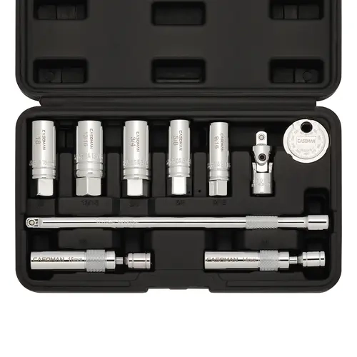CASOMAN 10PCS 3/8" Drive Magnetic Spark Plug Socket Wrench Set - 6PT & 12PT CR-V Steel Tools, Extension Bar, Universal Joint, Spark Plug Gapper, Magnetic Grip for Car Mechanics