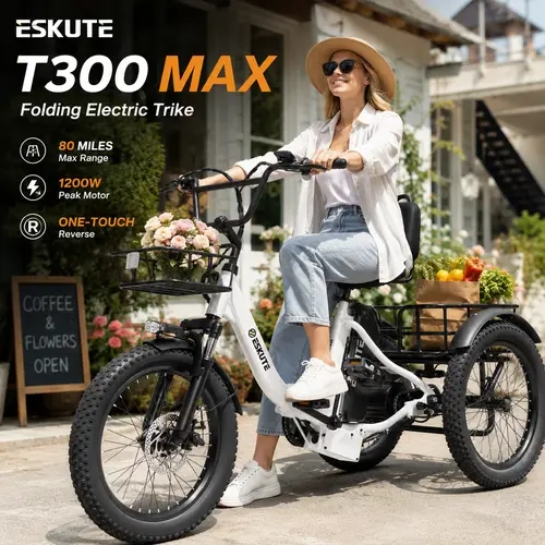 ESKUTE T300 MAX Unisex Adult Electric Tricycle, 20" Folding Step-Thru Frame E-Trike with 48V 20.8Ah Battery, Smart Reverse, Dual Baskets, All-Terrain Fat Tires, Practical for Senior Fit Daily Rides