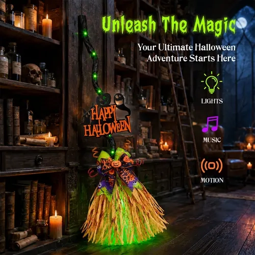 LED Glowing Motion-Sense Spooky Raffia Witch Broom Ornament with Bow, Halloween Lettering, Blood-Stain-Inspired Tassels, Musical Glow Party Accessories, Lighted Party Decor Prop, Outdoor Halloween Decor, Witchy Gifts for Home Supplies