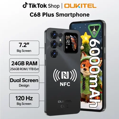 OUKITEL C68 Plus 2026 Dual-Screen Unlocked Android 15 Smartphone with Gemini AI, 7.2" HD+ 120Hz Display, 1.81" Smart Rear Display, 24(8+16)GB RAM+256GB ROM, Octa-Core, 6000mAh Battery, 64MP+8MP Camera, 4G Dual SIM, NFC, GPS, OTG, T-Mobile Compatible
