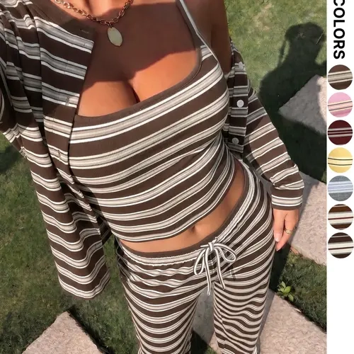Striped Ribbed Three-Piece Set, Tank Top Cardigan Wide Leg Pants, Y2K Home Wear, Casual Vacation Set, Street Style Trend Women's Clothing