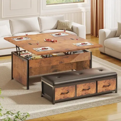 Sikaic 43" Lift Top Coffee Table Set, Coffee Table with Storage Drawers, Hidden Compartment & Ottoman Bench, Multifunctional Living Room Table, Rustic Brown Christmas Gifts cozy home familyfun [TikTokShopblackfriday]