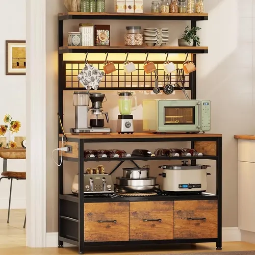 Sikaic 35.4" Coffee Bar Cabinet with Storage & Power Outlet, Bakers Rack Kitchen Cabinet with Hutch, LED Lights, Microwave Stand, Wine Rack & Hooks, Rustic Brown Christmas Gifts [TiktokShopFallDealsForYou]