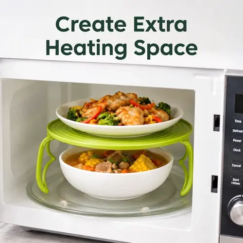 Microwave Steamer Rack, Foldable Microwave Plate Stacker with Cool Touch Handles, Space Saving Food Heating Tray Stand, Reusable Kitchen Organizer for Plates & Bowls